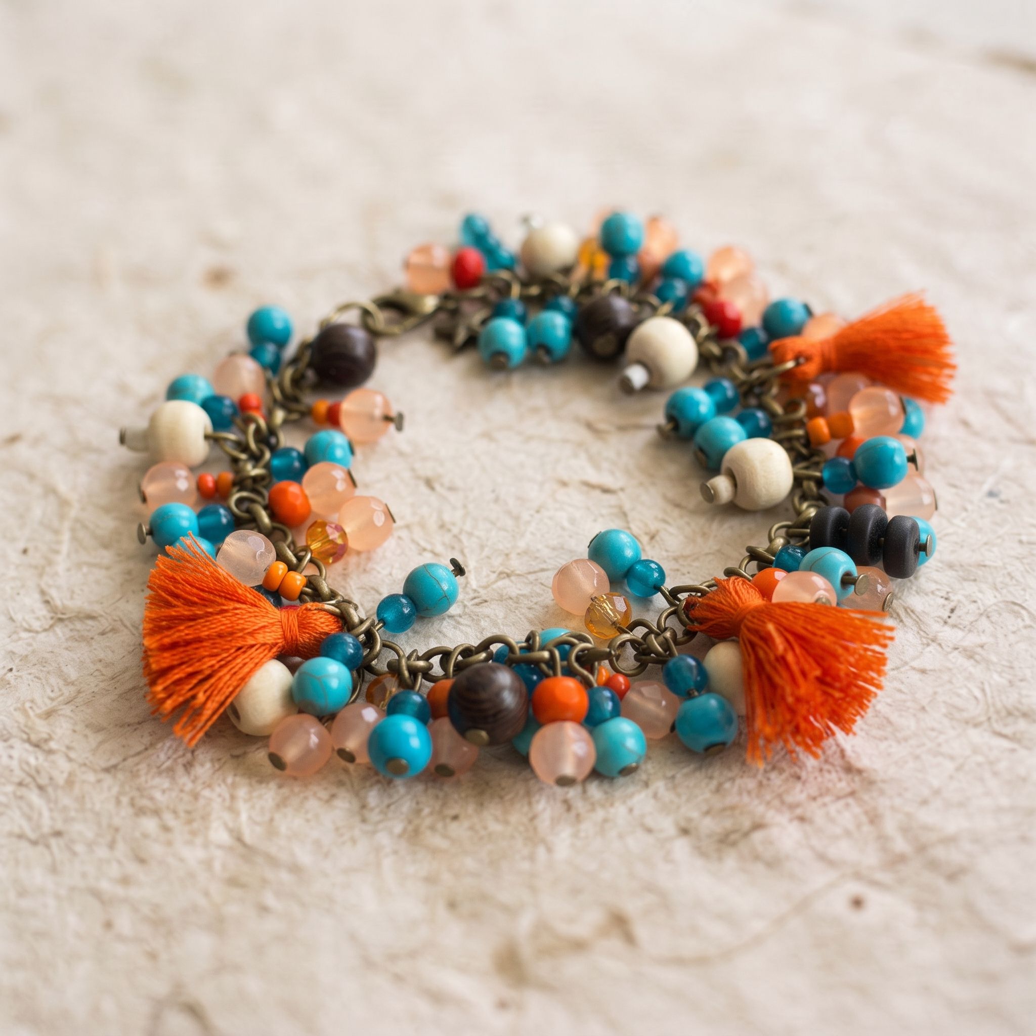 Pulsera Brisa con cuentas turquesa y borlas naranjas