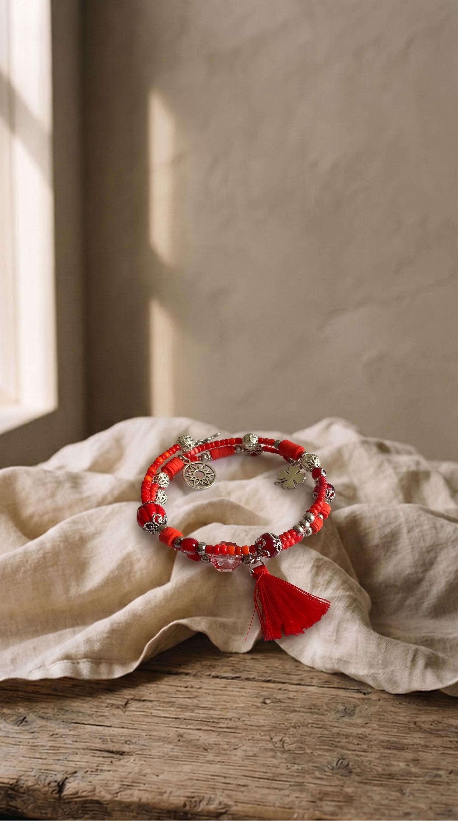 Pulsera roja con borla sobre tela, junto a una ventana