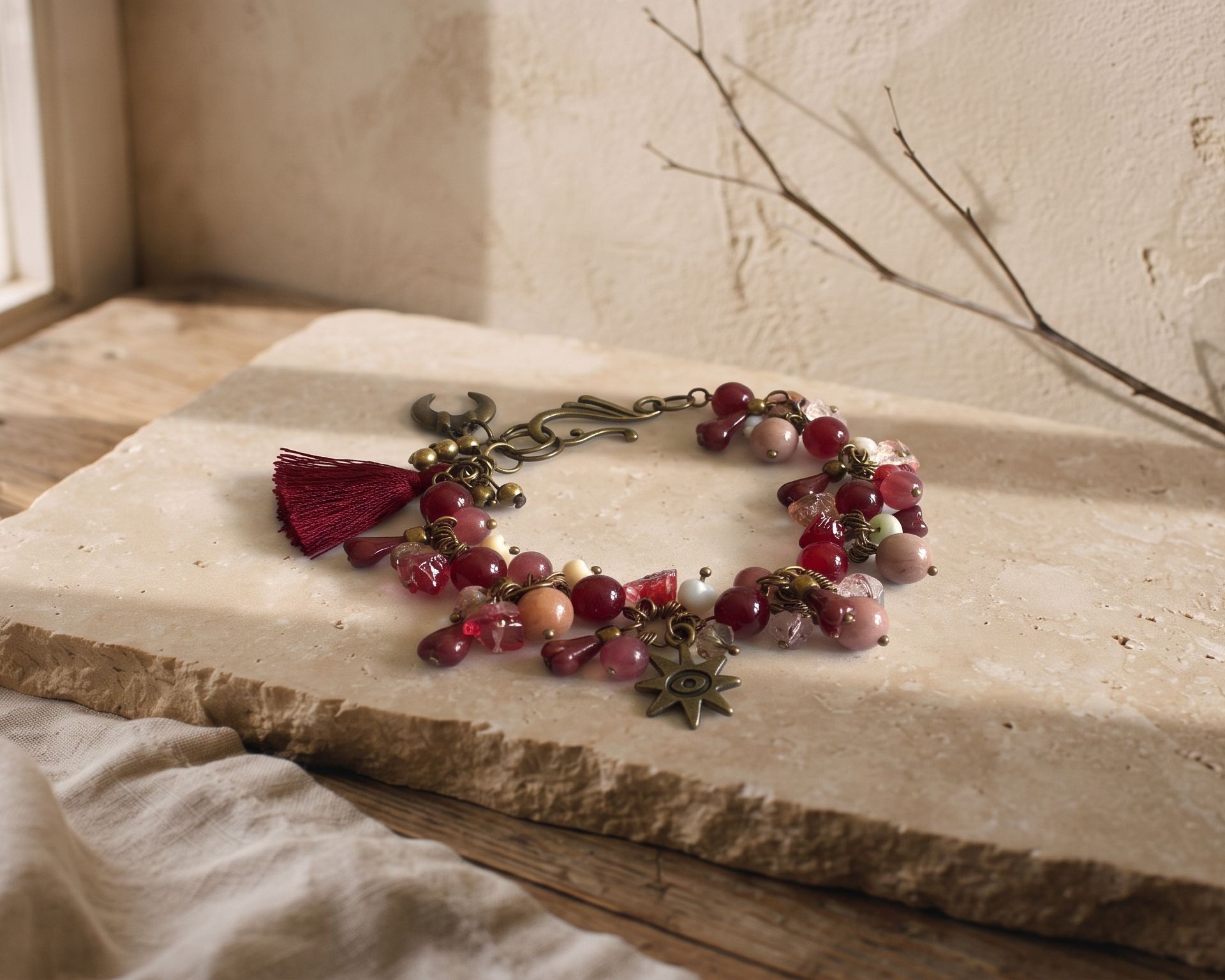 Pulsera de tonos rojos sobre una losa de piedra, junto a una rama seca